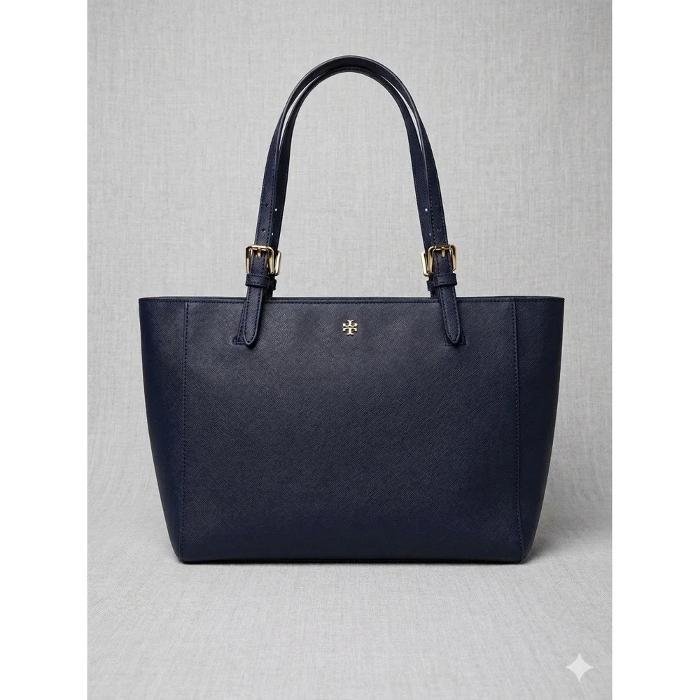 Tory Burch Emerson Small Buckle Tote Navy Blue Saffiano Leather Handbag